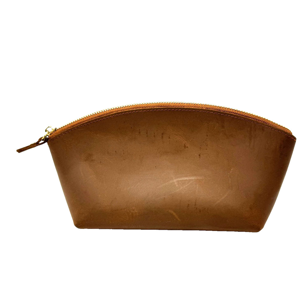 Brown Leather Toiletry & Makeup Travel Bag with Gold Zipper