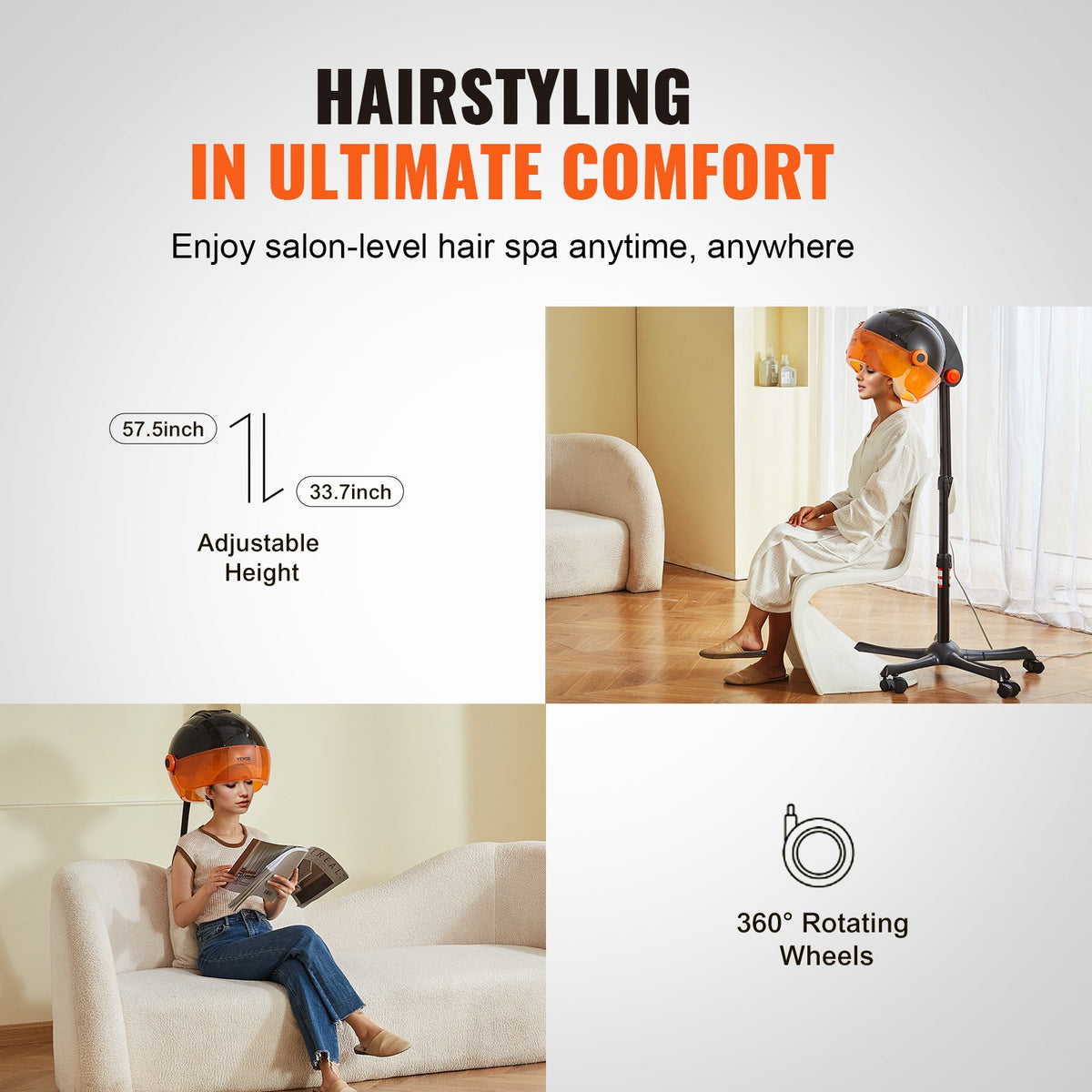 Ionic Hooded Hair Dryer 1875W with Negative Ion Technology, 9 Settings & Adjustable Height