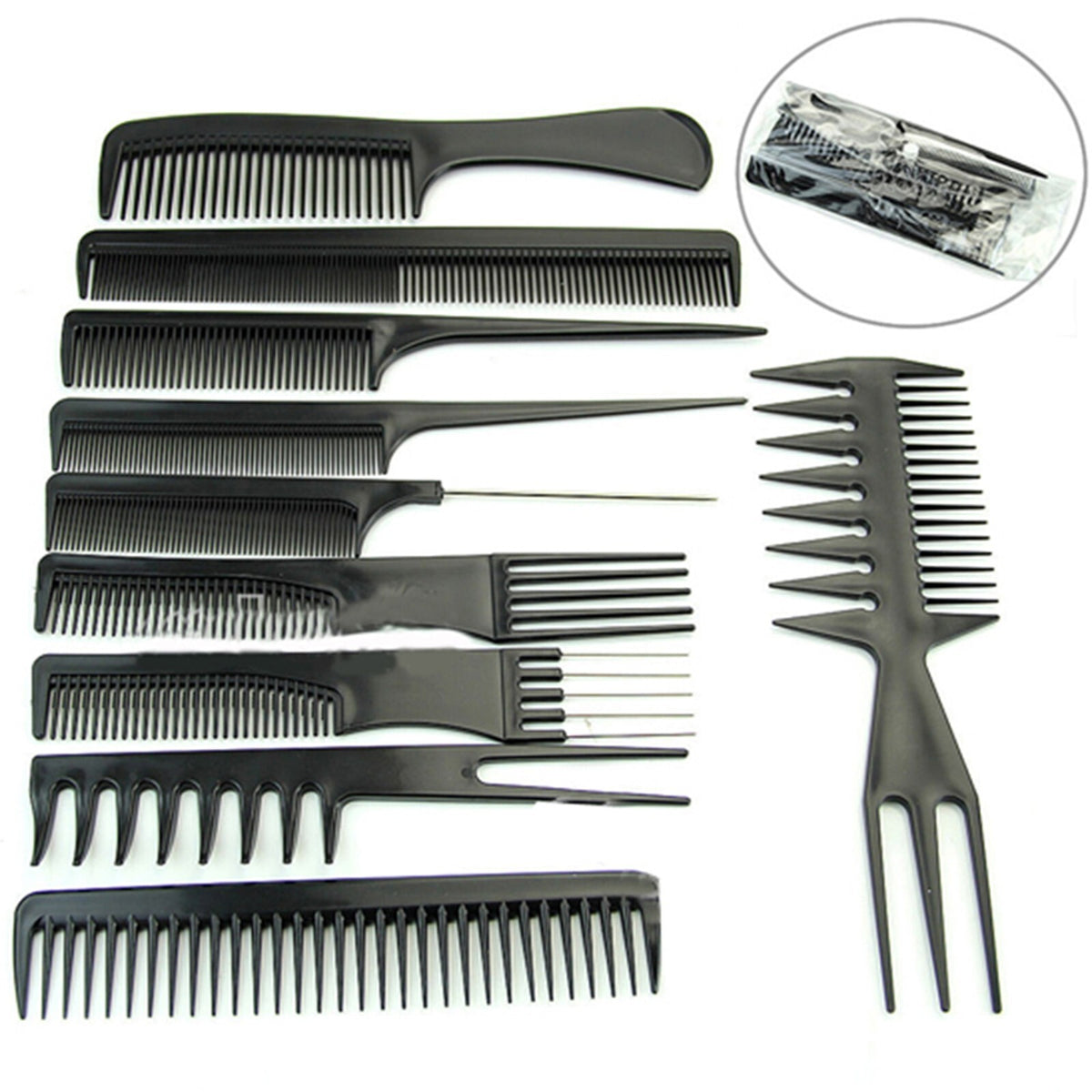 10Pcs Black Hair Combs Set for Salon & Barbershop Styling