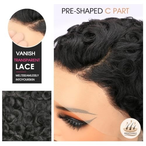 Short Curly Human Hair Wig with 13x4 Lace Front for Women - Natural Black