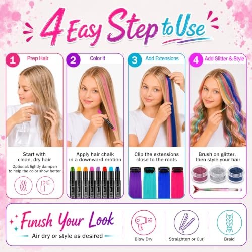 Washable Hair Chalk Set with Clip-In Extensions - 17 Colors for Temporary Hair Coloring