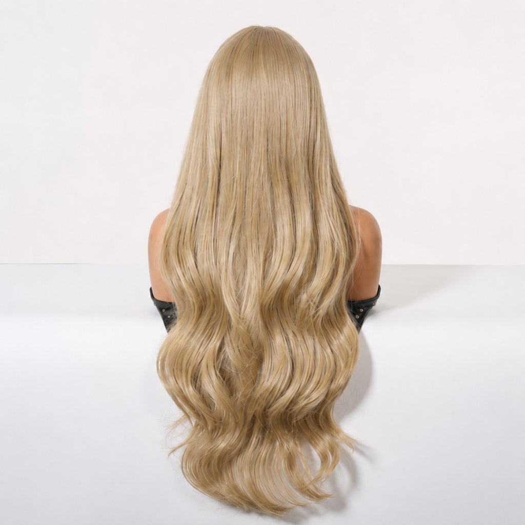 Long Wavy Synthetic Hair Wig - Light Blonde Cosplay Party Wig with Bangs