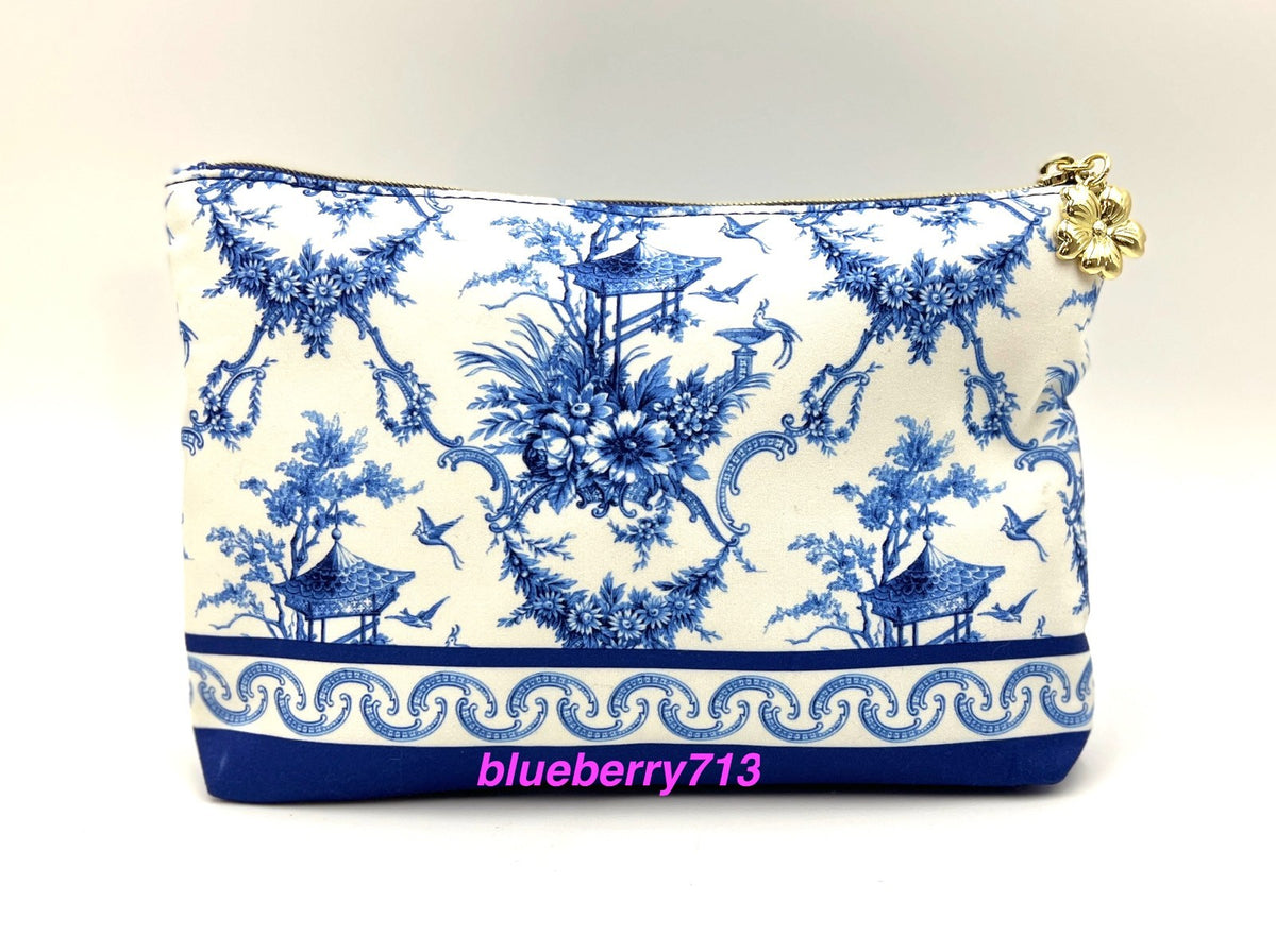 2-Piece Makeup Bag Set with Blue Flower and Bird Print, Zipper Closure