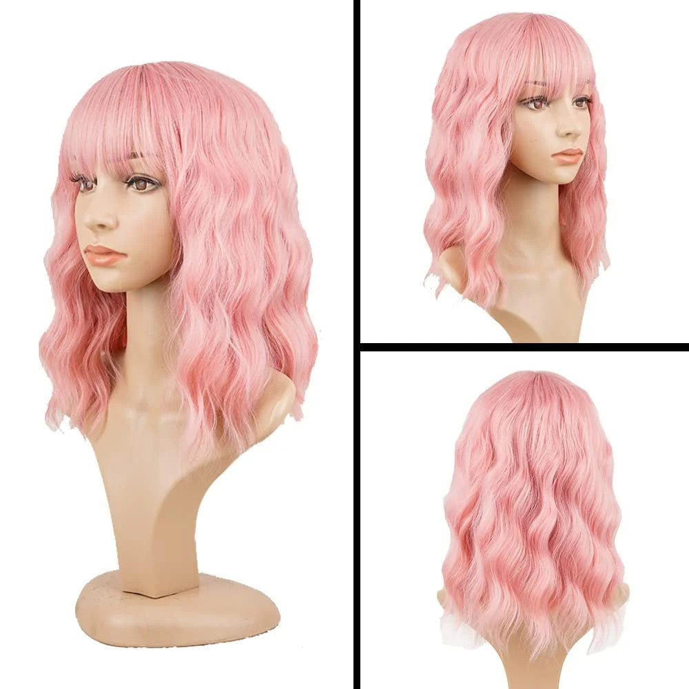 Pink Short Wavy Bob Synthetic Wig with Bangs for Women - Natural Look & Adjustable Fit