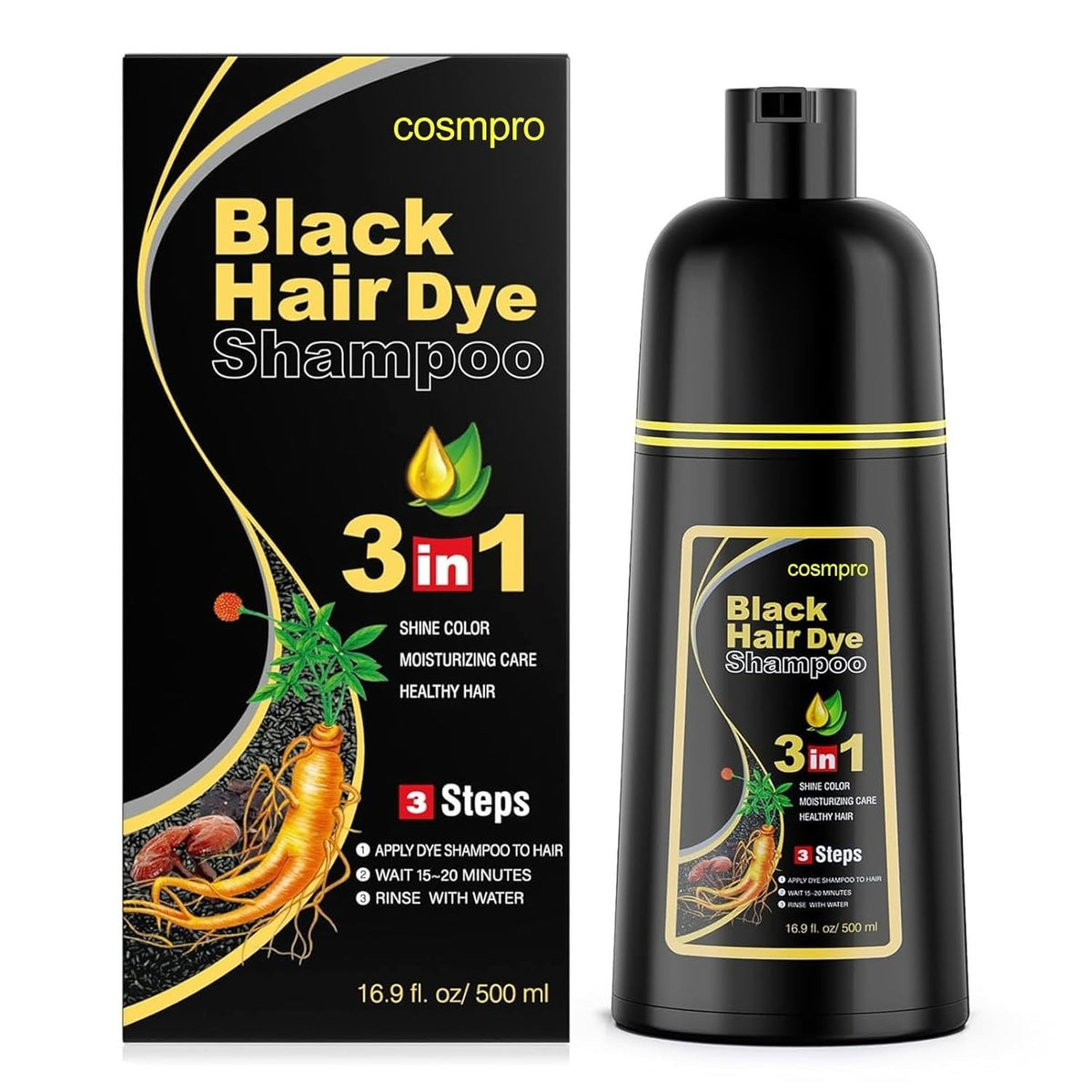 Black Hair Dye Shampoo with Herbal Nourishing 3-in-1 Formula for Gray Hair