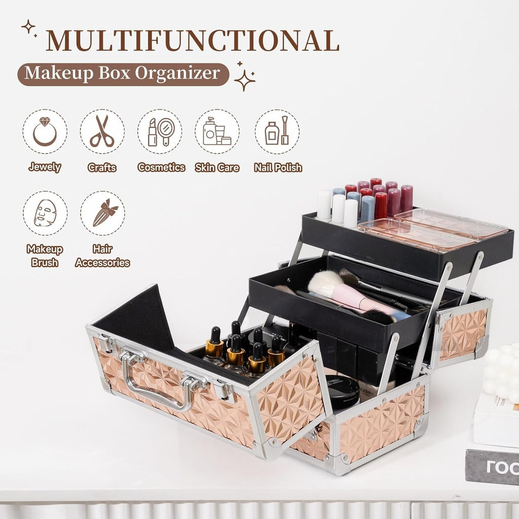 Portable Makeup Train Case with 2-Tier Organizer - Travel Cosmetic Storage