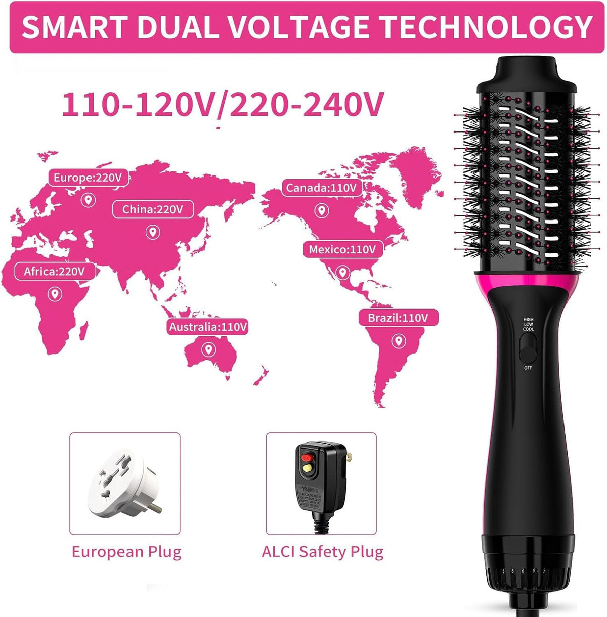 Dual Voltage Hair Dryer Brush for European Travel with 2.4'' Ceramic Barrel and Ionic Technology