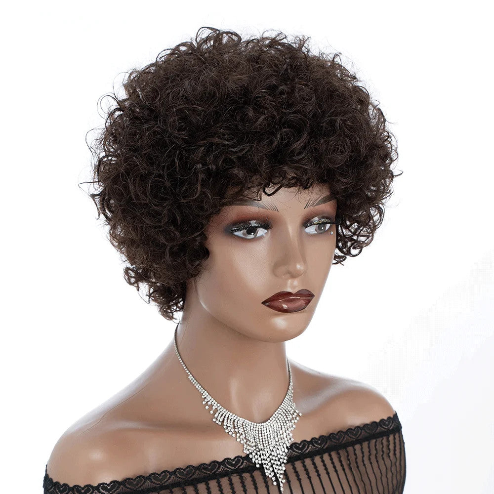 Brazilian Afro Puff Pixie Bob Wig for Women - Natural Brown Human Hair