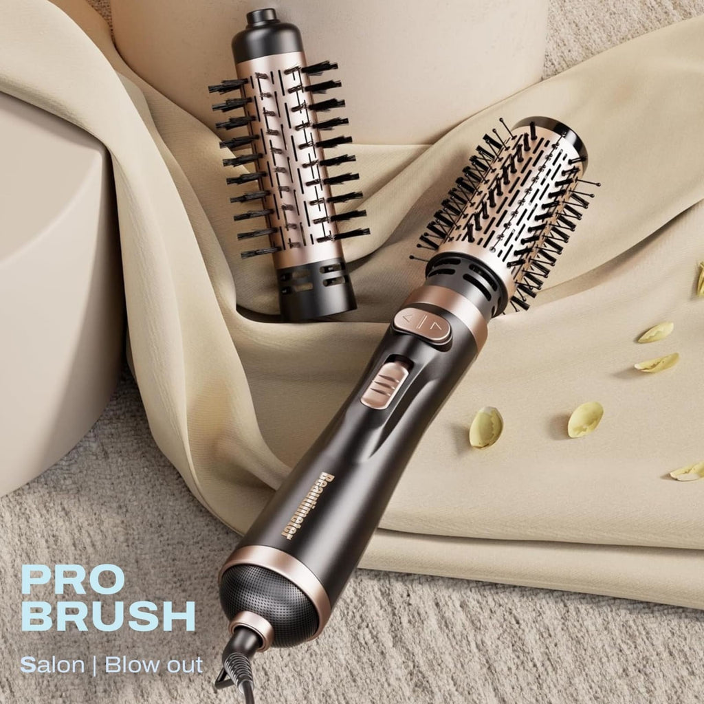 3-in-1 Rotating Hair Dryer Brush with Ceramic Coating and Interchangeable Attachments