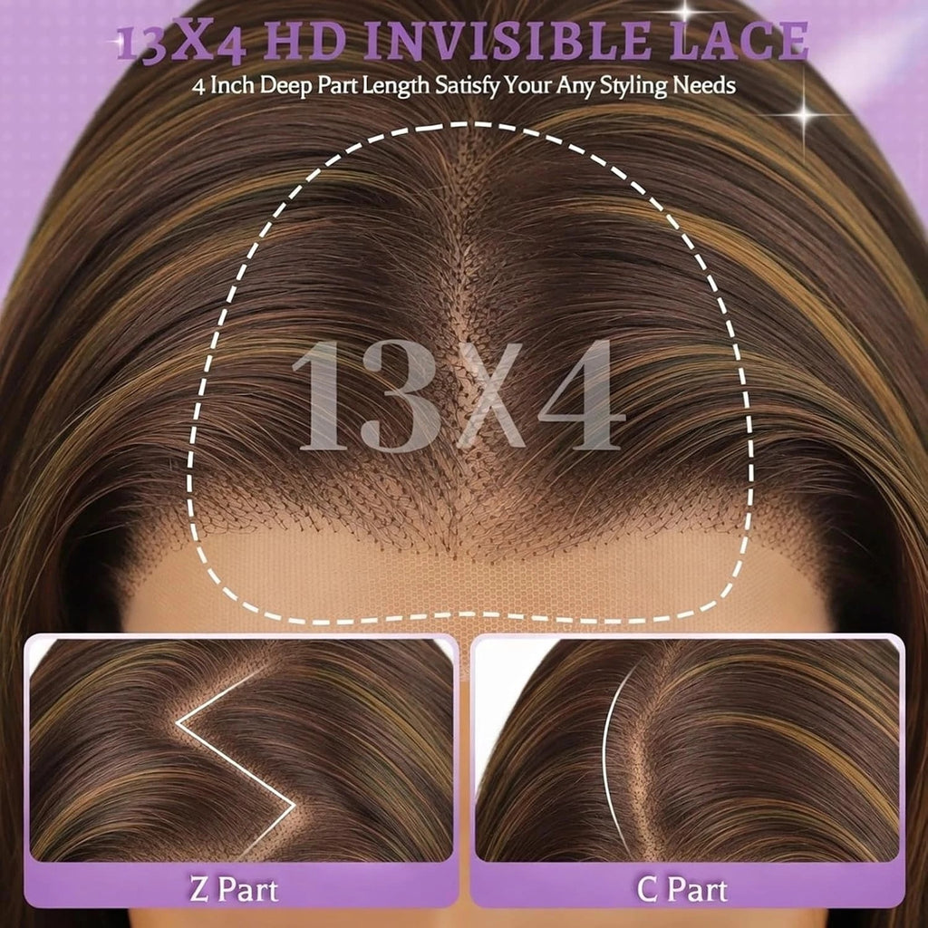 Long Human Hair Wigs with 13x4 HD Lace Front and Brown Highlights - Glueless Style