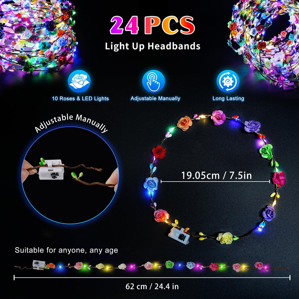 LED Flower Crown Headbands – 24 Pack Light Up Hair Accessories for Kids & Adults
