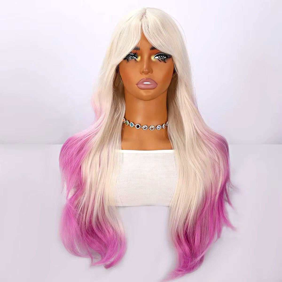 Blonde White Pink Gradient Wavy Lace Front Wig 28 Inch Cosplay Halloween Party