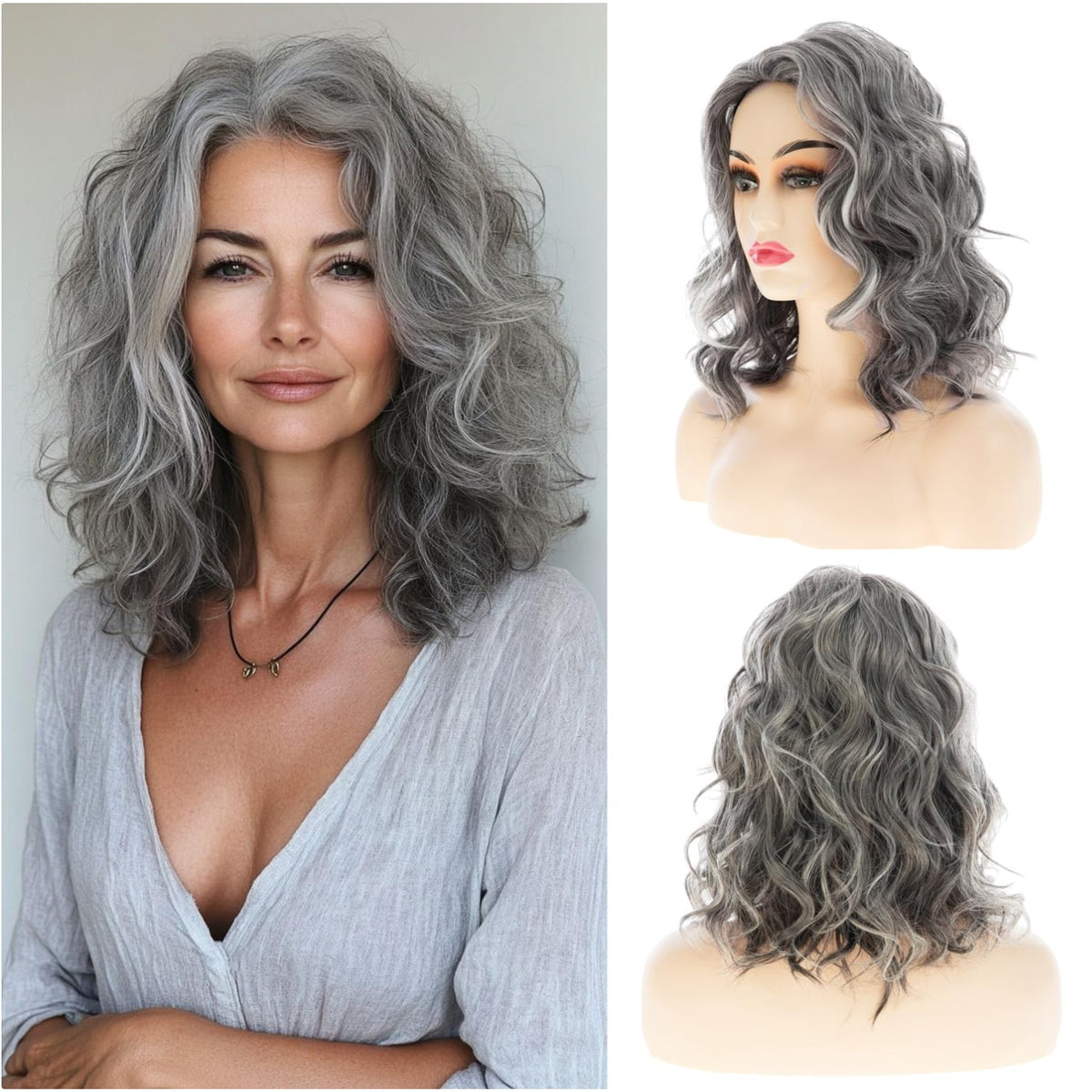 Womens Curly Wavy Synthetic Wig - Medium Long Grey Hair for Parties