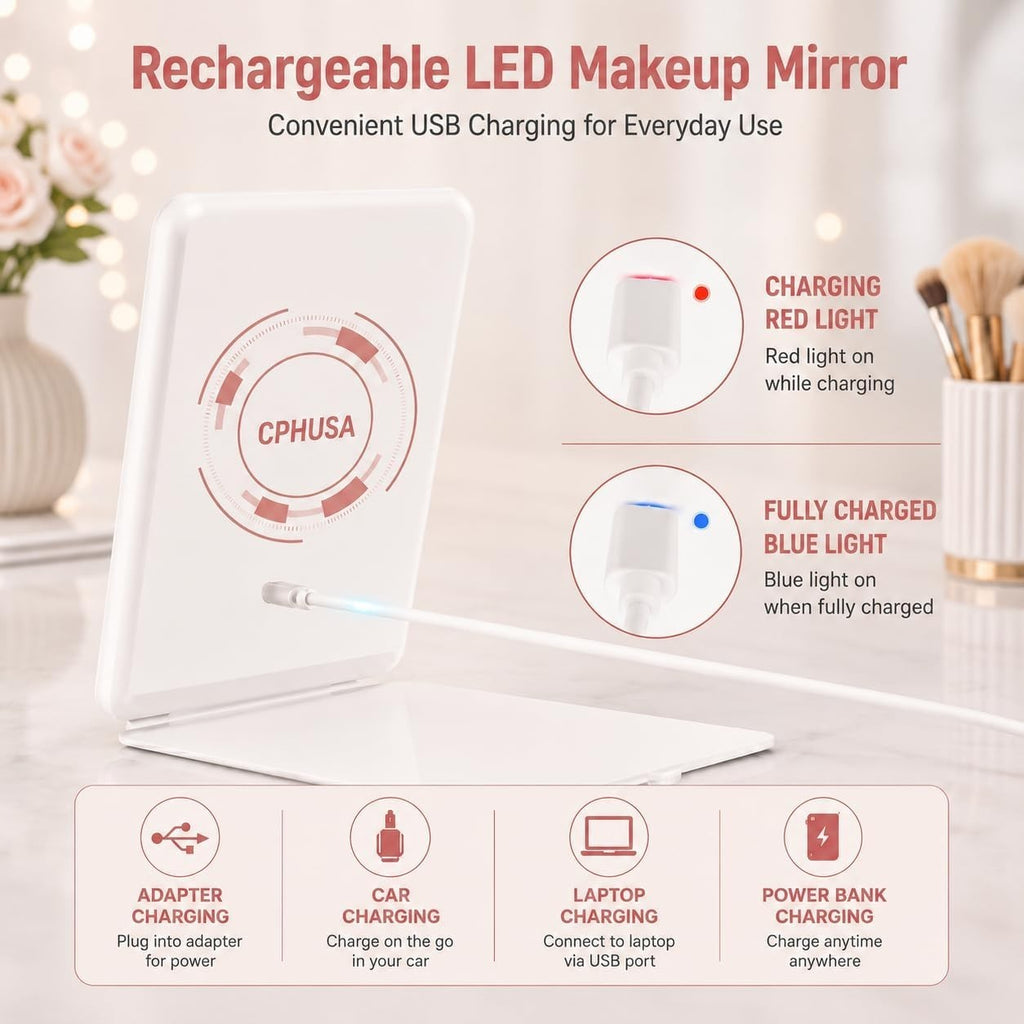 Rechargeable Travel Makeup Mirror with Lights, 10x Magnifier, 72 LEDs, 3 Color Modes