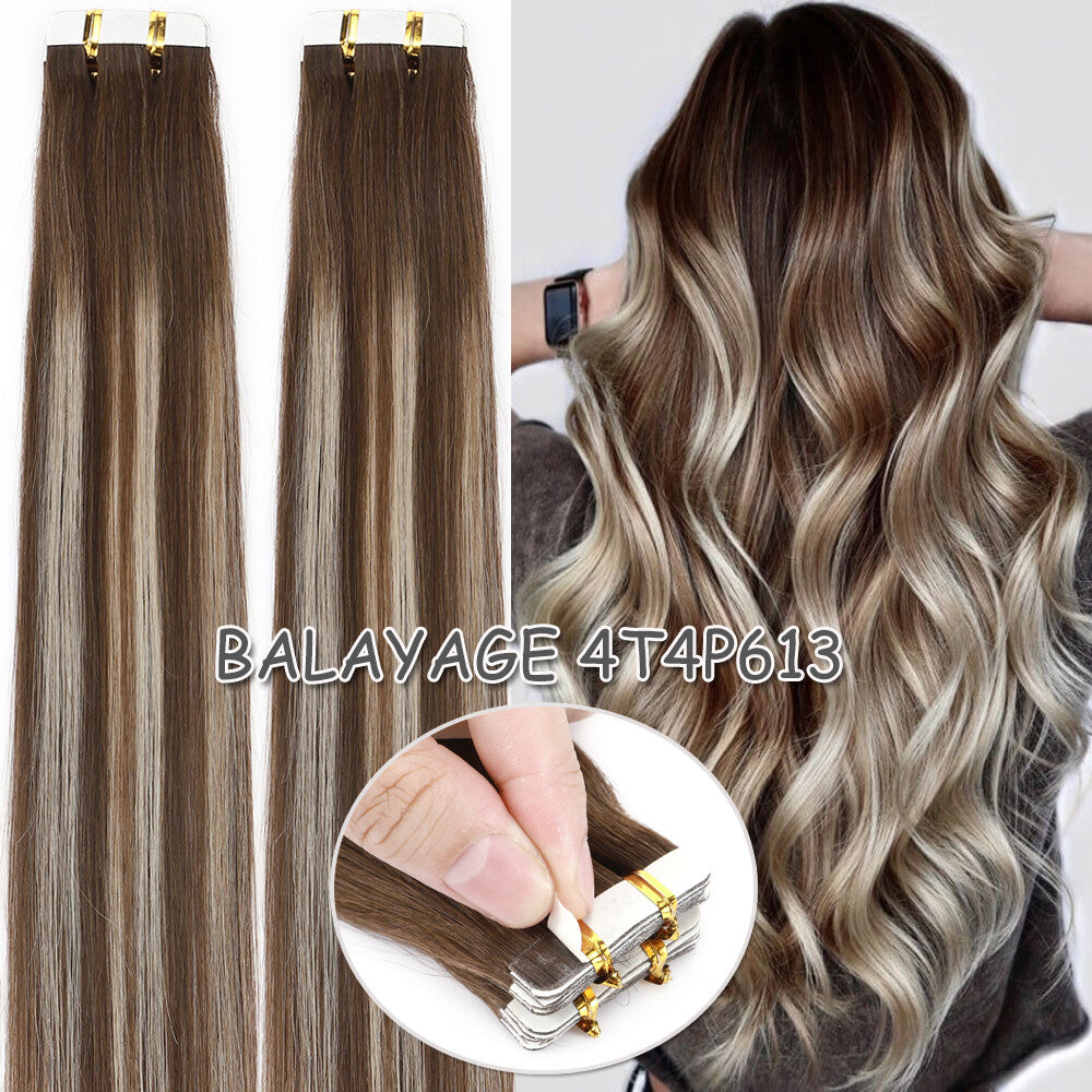 60PCS Tape-In Human Hair Extensions Skin Weft Straight 150g - Thick & Natural