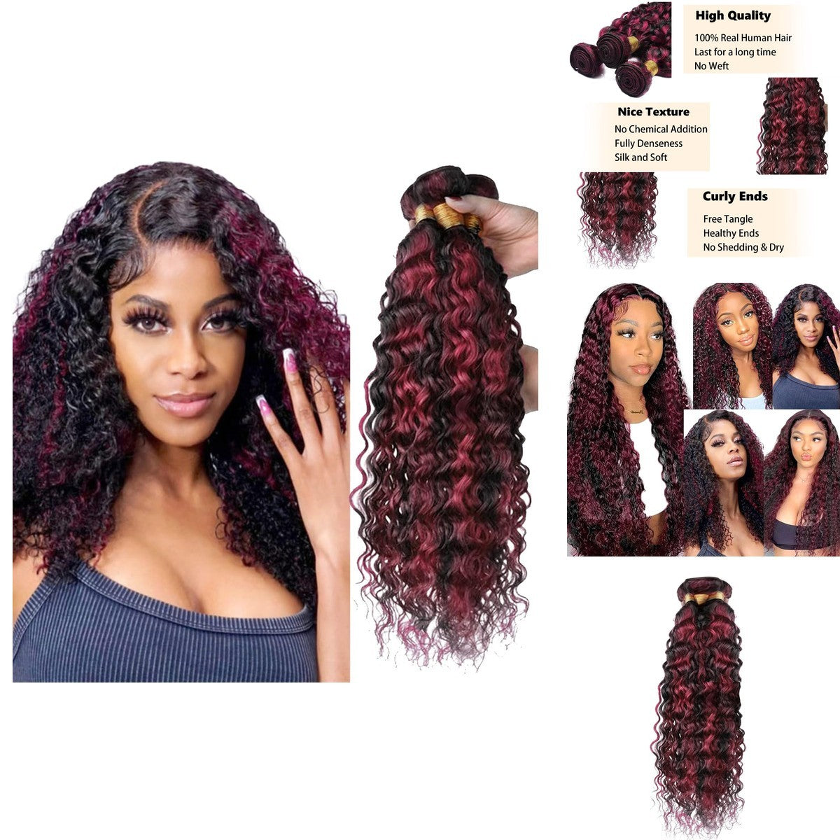 Brazilian Human Hair Bundles 18-22 Inch Jerry Curly Burgundy P1B/99J