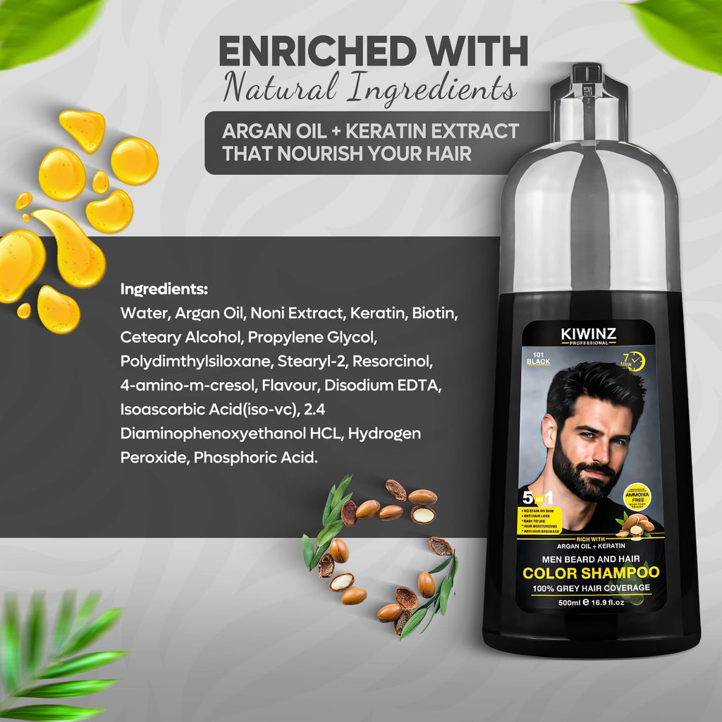 Black Hair Color Shampoo for Men - 5 in 1 Grey Hair Dye, Natural & Ammonia-Free - 500ml