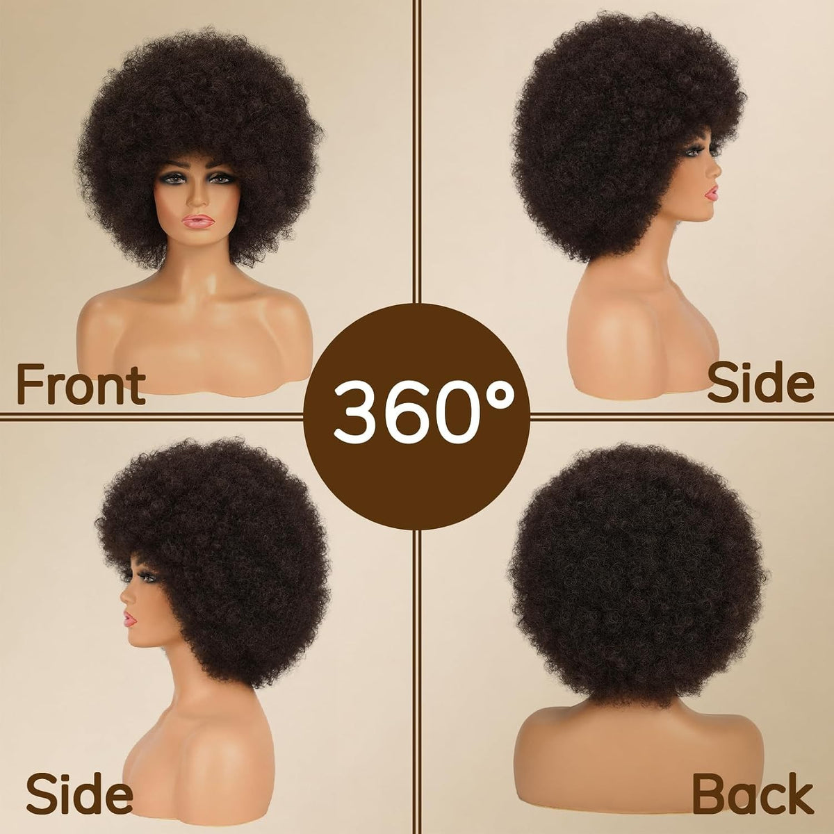 Short Kinky Curly Afro Wig with Bangs - Glueless, Natural Look for Black Women Men
