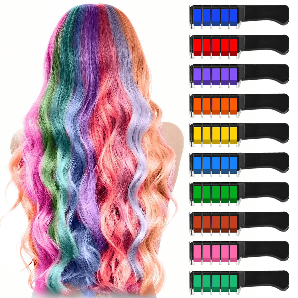 10 Color Hair Chalk Comb Set - Temporary Bright Hair Dye for Kids & Teens