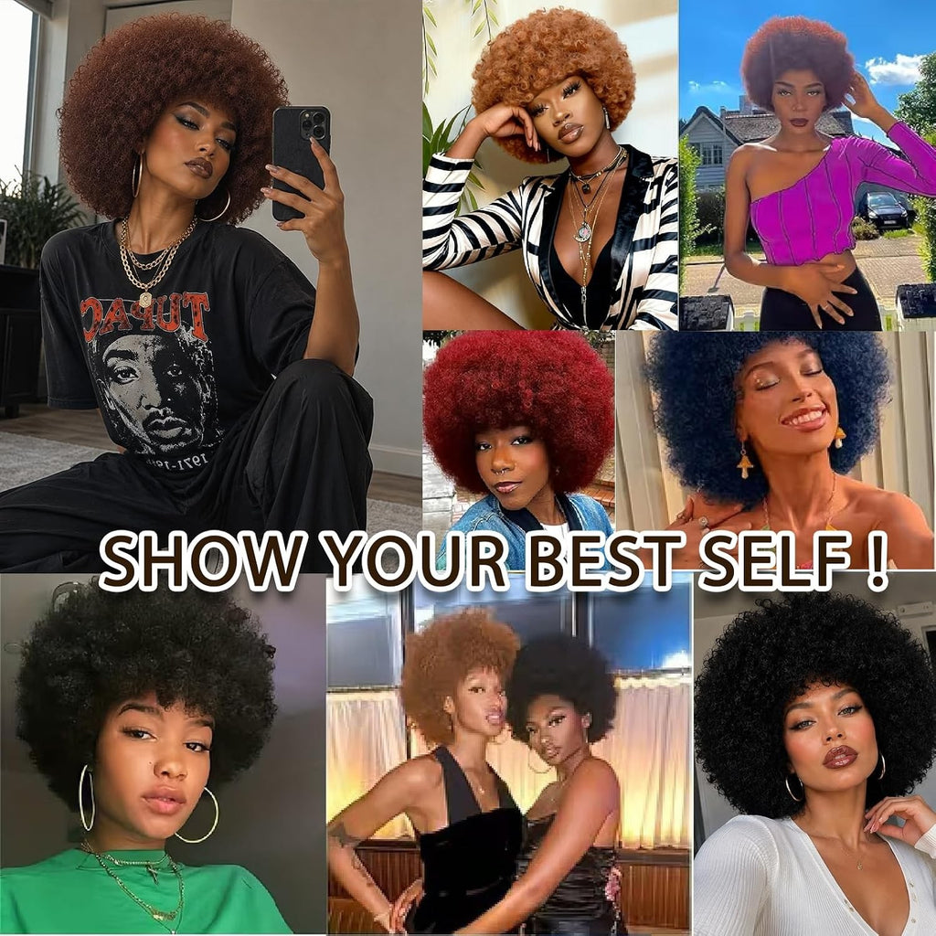 Short Kinky Curly Afro Wig with Bangs - Glueless, Natural Look for Black Women Men