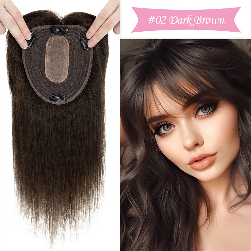Remy Human Hair Topper Clip-In Hairpiece with Silk Base and Bangs - Multiple Sizes & Colors
