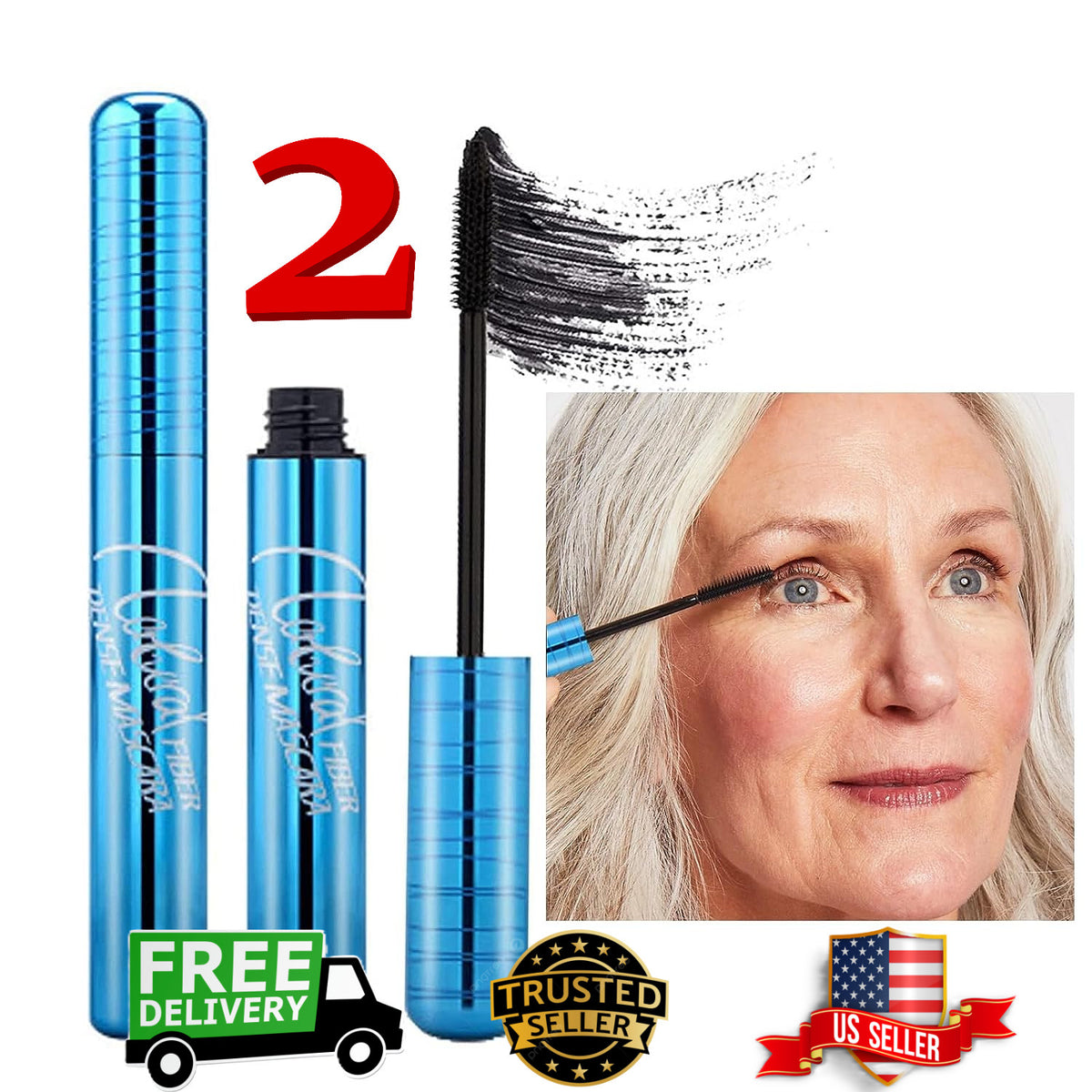 Waterproof Lash Volumizing Mascara for Older Women - 2 Pack, Hypoallergenic & Long-Lasting