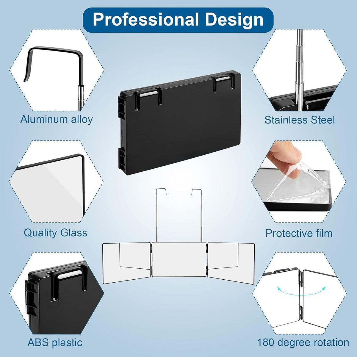 3-Way Full View Mirror for Self Hair Cutting & Styling - Tri-Fold Barbershop Tool