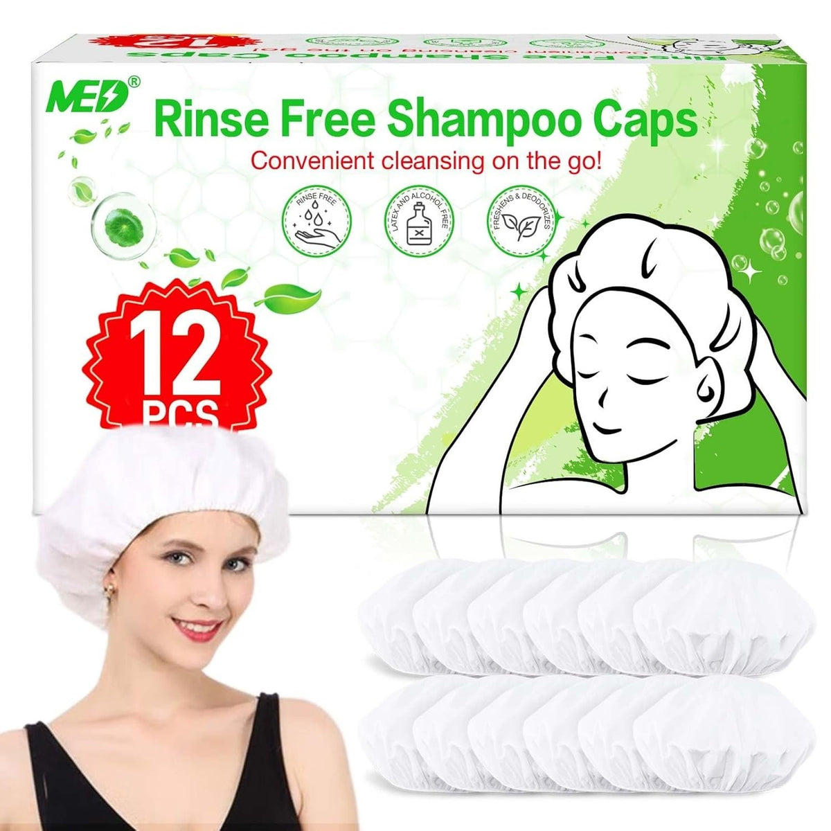 Waterless Shampoo Caps No Rinse Hair Washing Shower Caps - 12 Pack for Elderly & Caregiving