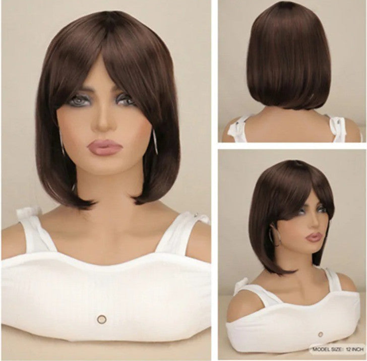 12-Inch Short Bob Wigs for Women and Girls - Straight Synthetic Hair, Heat-Resistant, Natural Black & Brown