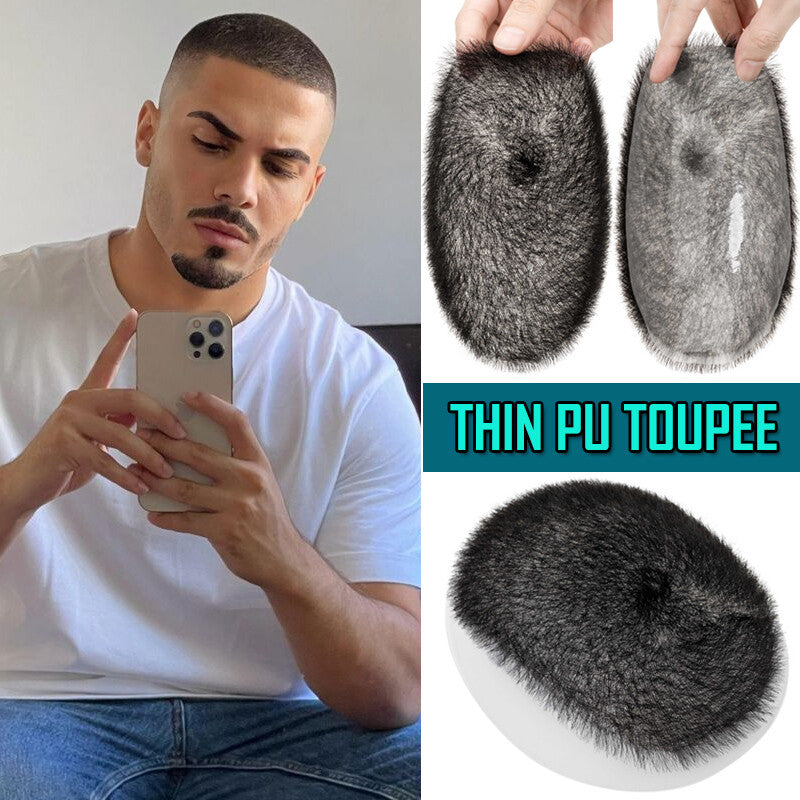 Mens Thin Skin PU Toupee for Hair Loss Replacement - Short Buzz Cut System 5x7