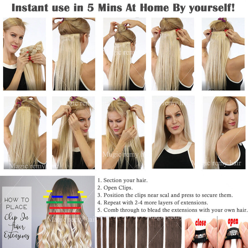 Thick Human Hair Clip-In Extensions Full Head Double Weft Remy Hair