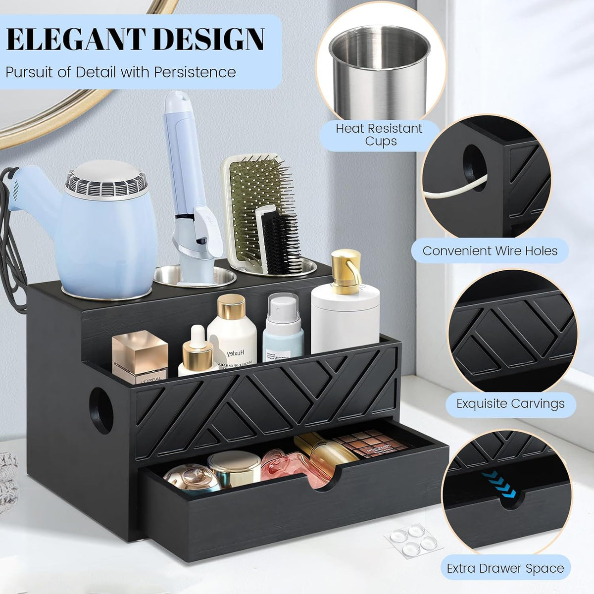 Hair Tool Organizer with Drawer and Wall Mount for Bathroom & Vanity