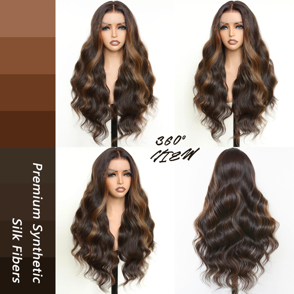 28 Inch Body Wave Lace Front Wig with Balayage Highlights - HD Lace, Pre-Plucked, Heat-Resistant Synthetic Wig