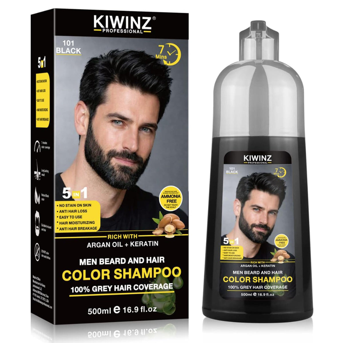 Black Hair Color Shampoo for Men - 5 in 1 Grey Hair Dye, Natural & Ammonia-Free - 500ml