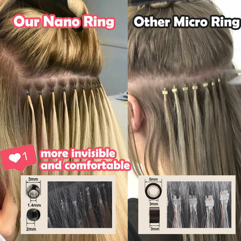 300PCS Human Hair Extensions Nano Ring Beads 16-22in Thick Remy Hair