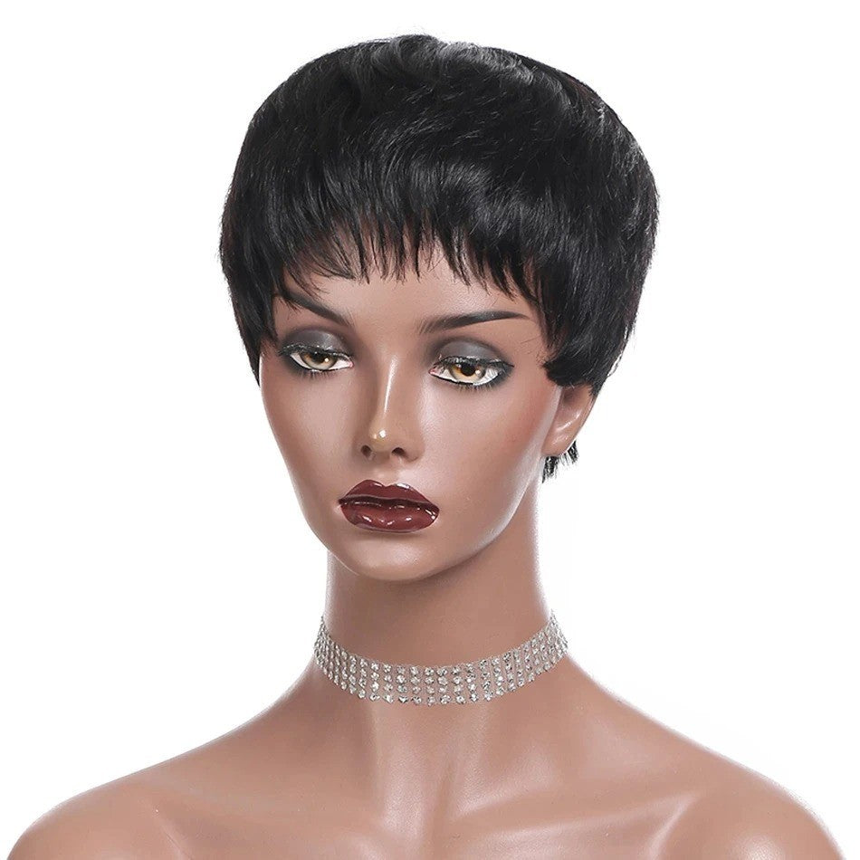 Short Bob Human Hair Wig with Bangs - 6 Inch Straight Pixie Style, Natural Color