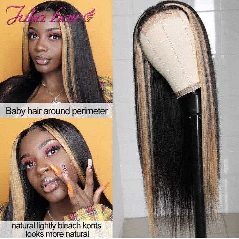 Blonde Ombre Lace Front Human Hair Wig 22 Inch T27 Highlight Straight Style