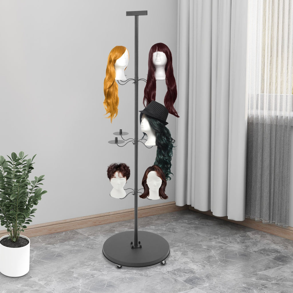 12-Head Wig Display Stand with Wheels - Black Iron Storage Rack for Wigs