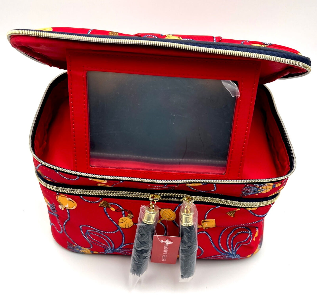 Double Layer Makeup Train Case with Handle & Built-in Mirror