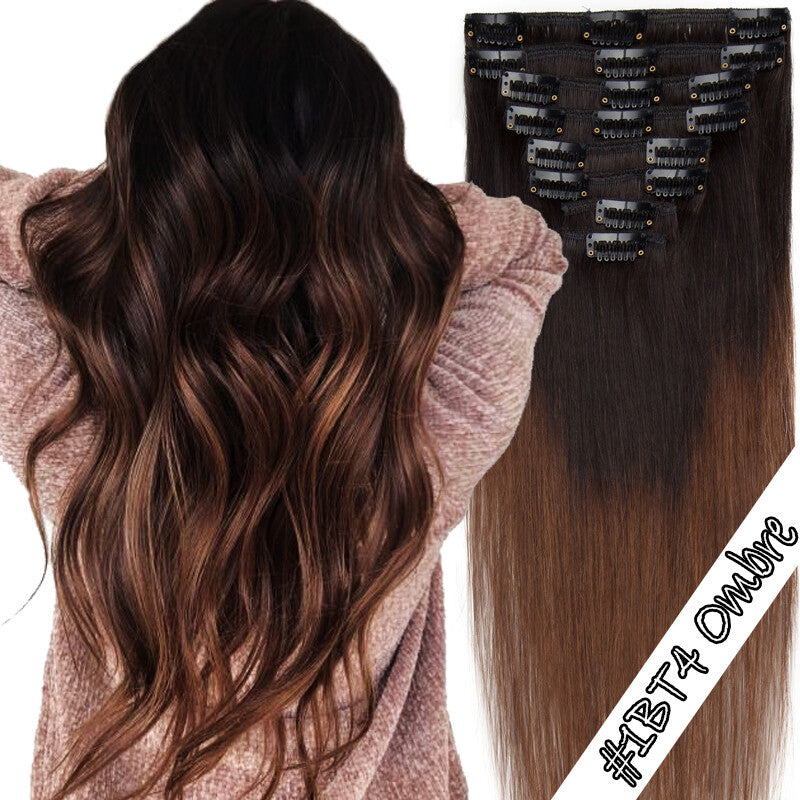100% Human Hair Extensions Clip-In Full Head Set - Multiple Colors & Lengths
