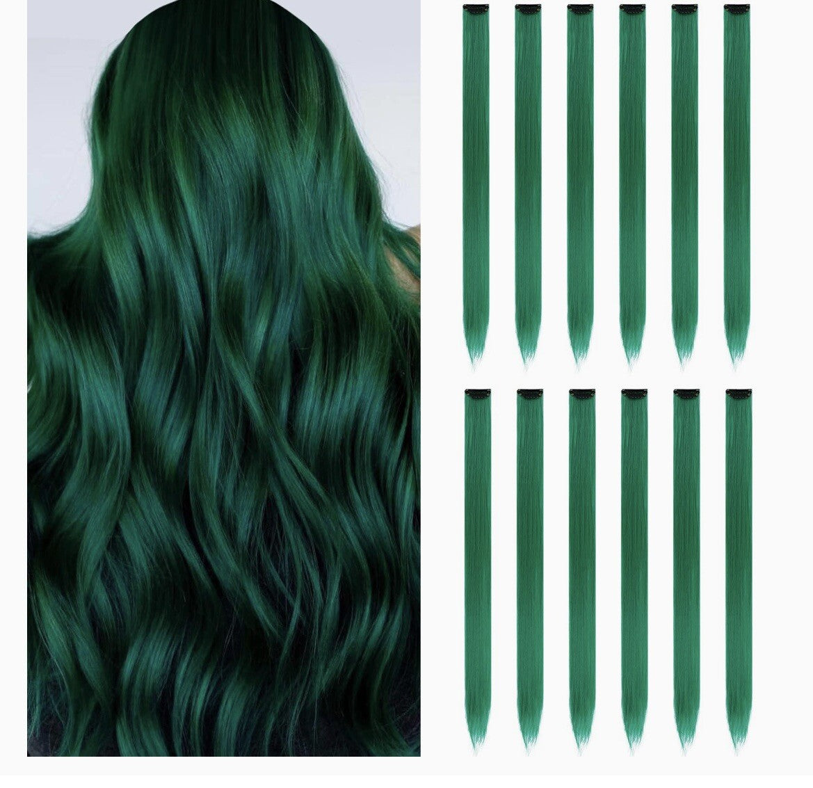 12pcs Colored Green Hair Extensions Clip-In Cosplay Party Hair Accessories