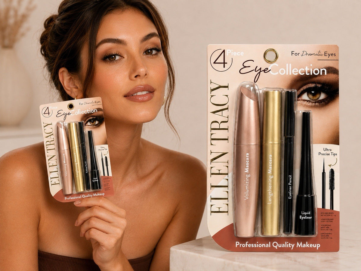 Ellen Tracy 4-Piece Eye Makeup Set: Volumizing & Lengthening Mascara, Liquid Eyeliner, Eyeliner Pencil