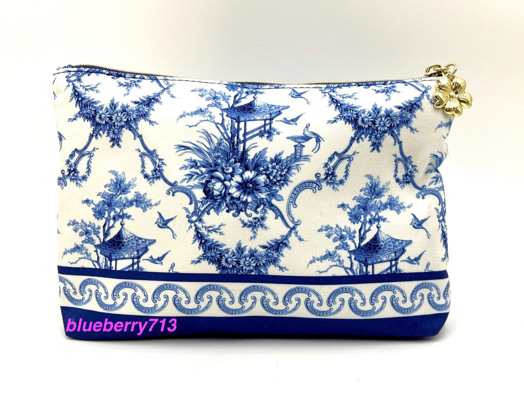 2-Piece Makeup Bag Set with Blue Flower and Bird Print, Zipper Closure