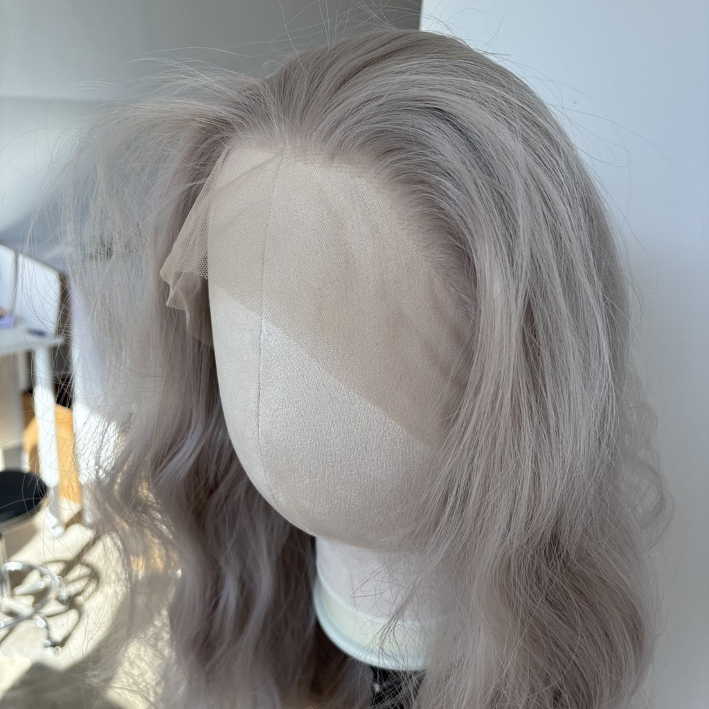 Long Wavy Synthetic Lace Front Wig - Heat Resistant Silver Grey Hair