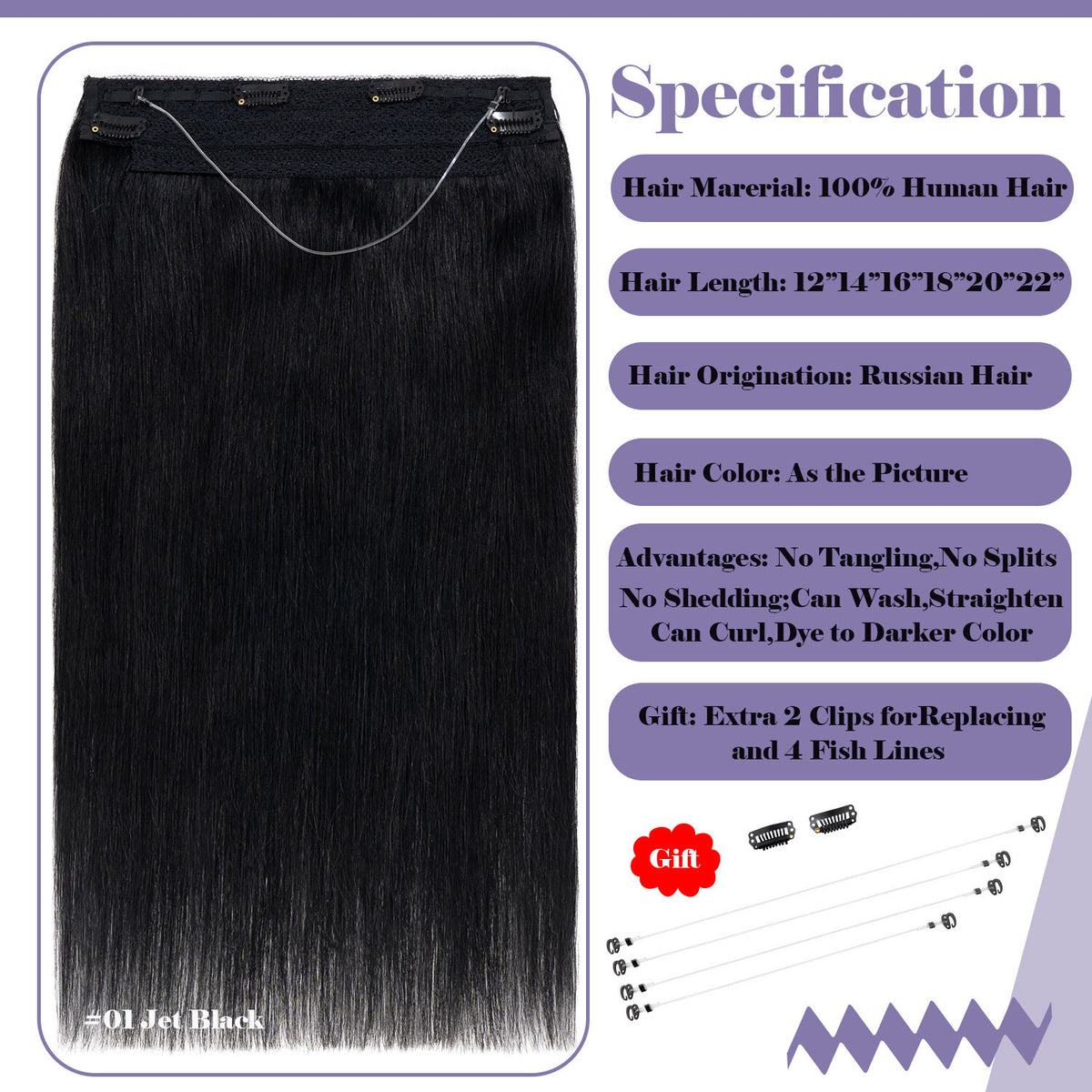 Wire-In Human Hair Extensions with Clips - Thick & Natural Look, 12-22 Inches