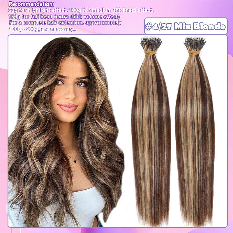 Remy Human Hair Extensions Nano Ring Beads Blonde Caramel 16-24 Inches