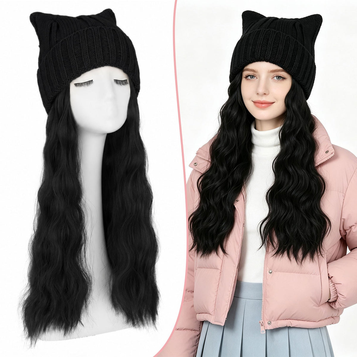 Women’s Winter Cat Ear Knit Hat Wig with Long Water Wave Synthetic Hair - All Colors