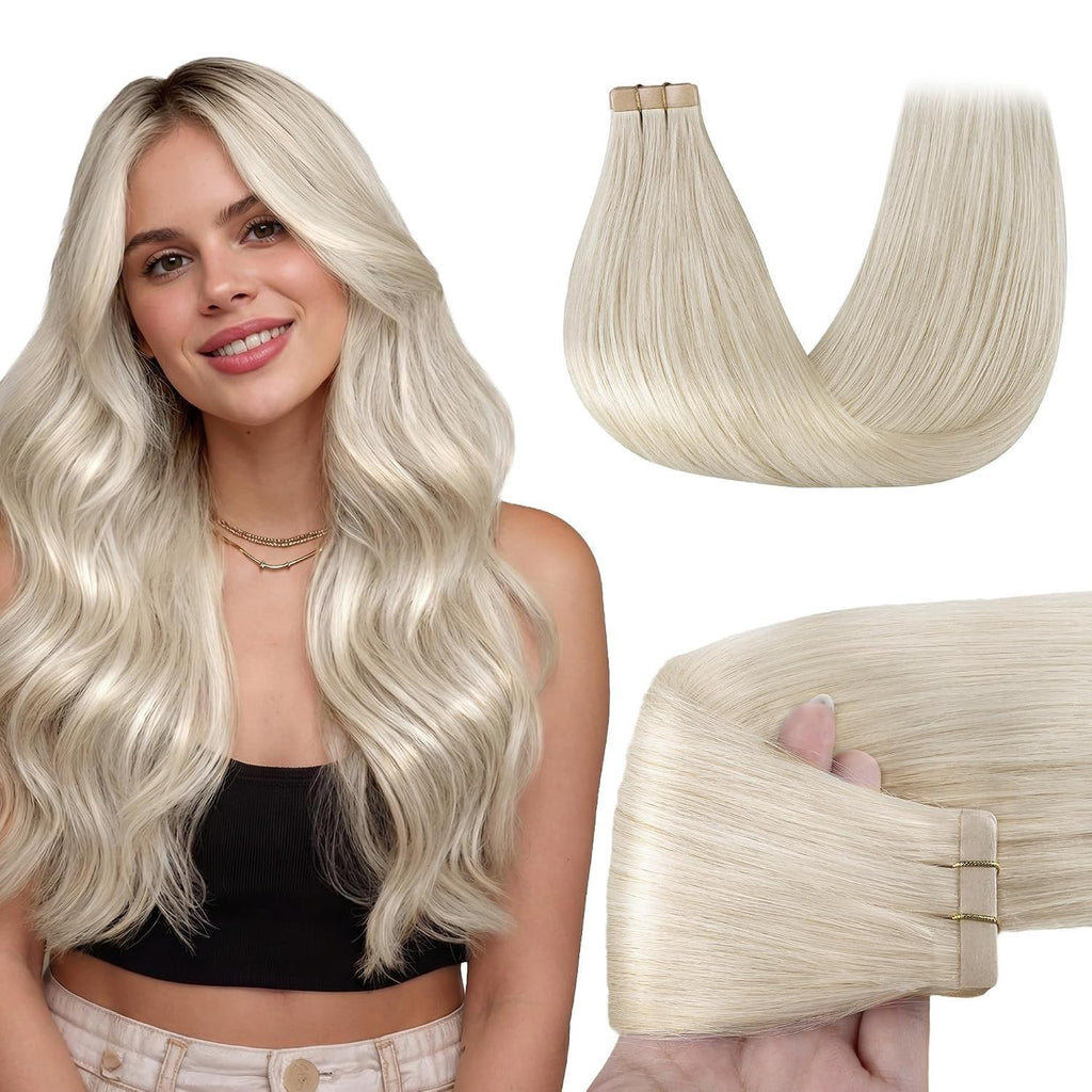 Invisible Tape-In Hair Extensions 18-Inch Platinum Blonde Remy Hair 20 Pieces