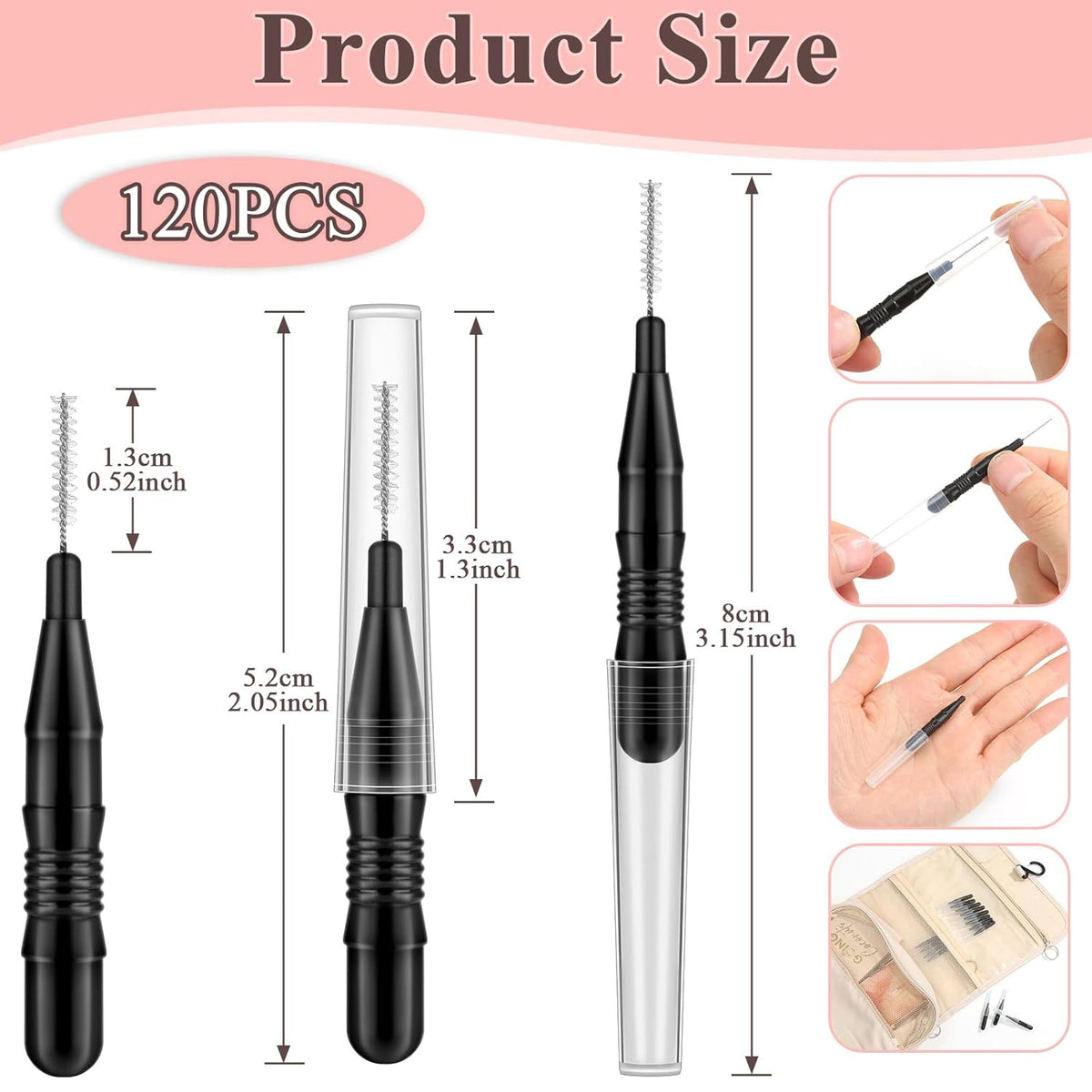 120Pcs Micro Eyebrow Brush with Cap for Brow and Lash Grooming