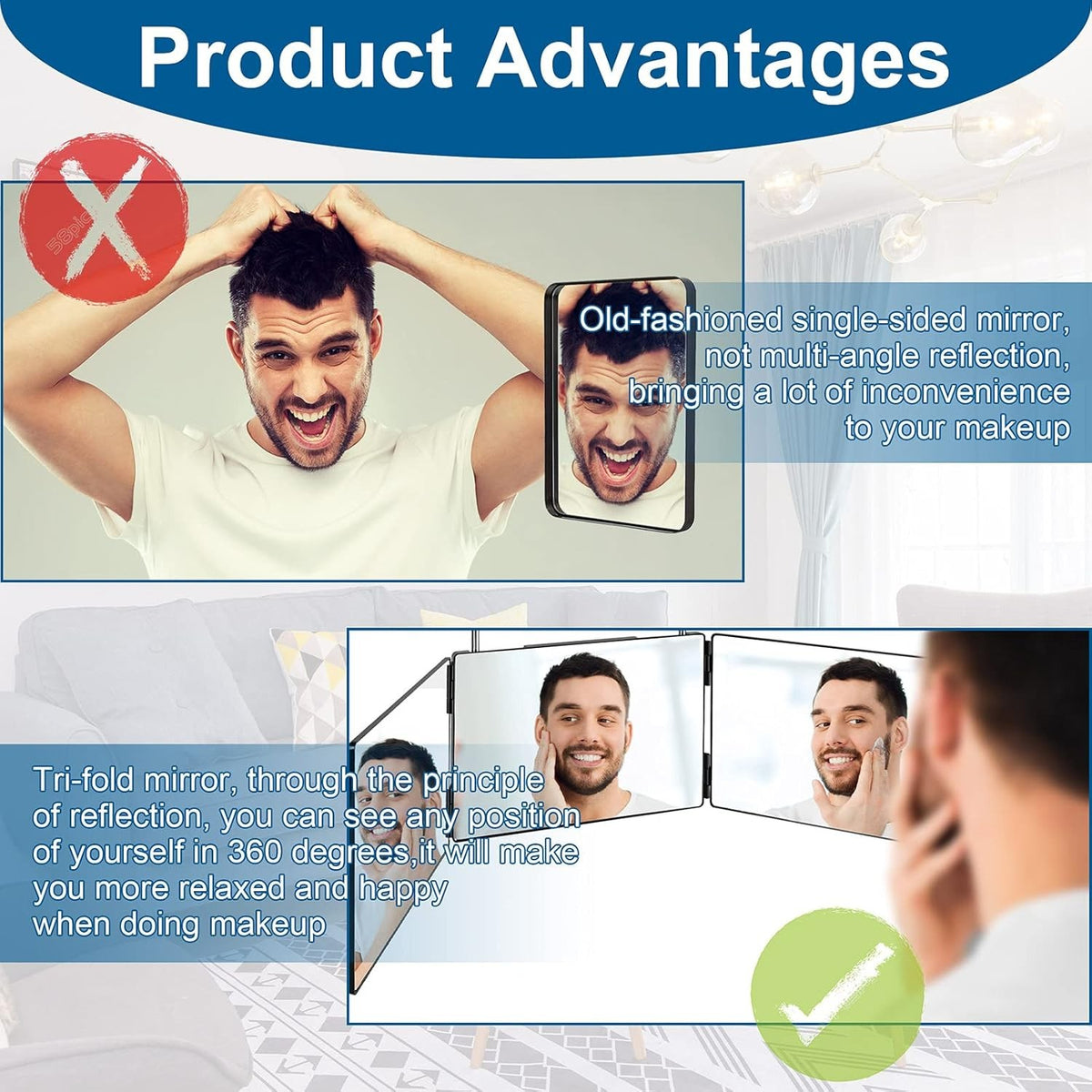360 Degree Self Hair Cutting Mirror with Tri-Fold Design and Adjustable Hooks